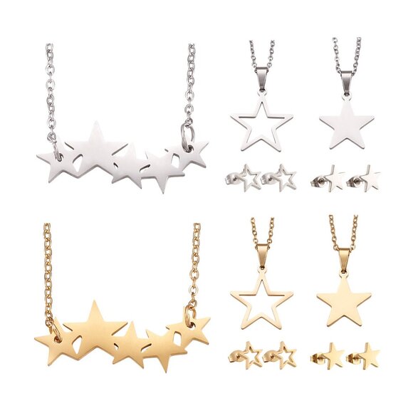 5pc Bundle Sweet Star Set 3 Necklaces + 2 Pairs Stud Earrings Gold or Siver - Picture 1 of 5